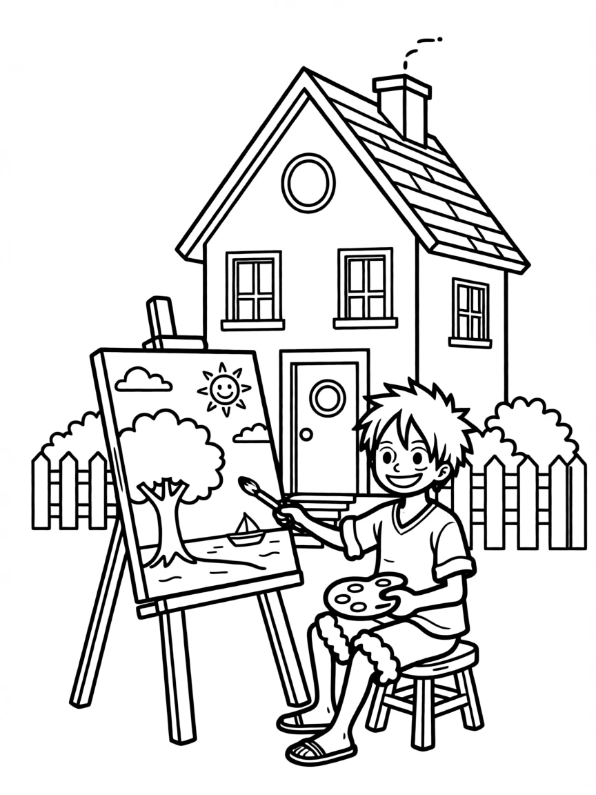 Luffy painting a picture, in front of their famous house or scene.