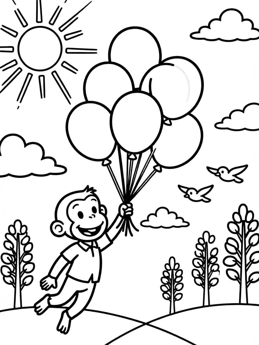 Curious George flying with balloons, with fun background elements.