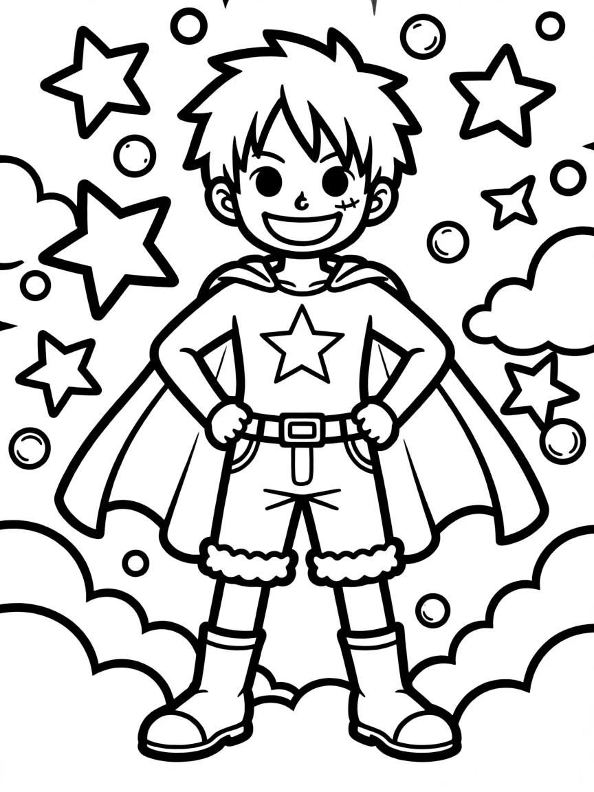 Luffy wearing a superhero costume, with fun background elements.