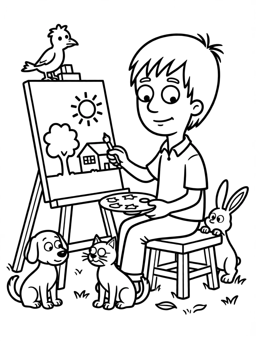 Hey Arnold! painting a picture, surrounded by friendly animals.