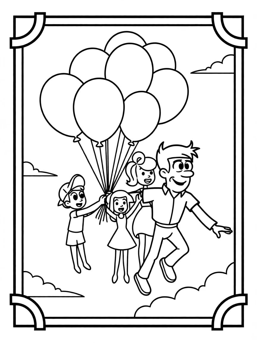 The Jetsons flying with balloons, inside a comic book frame.