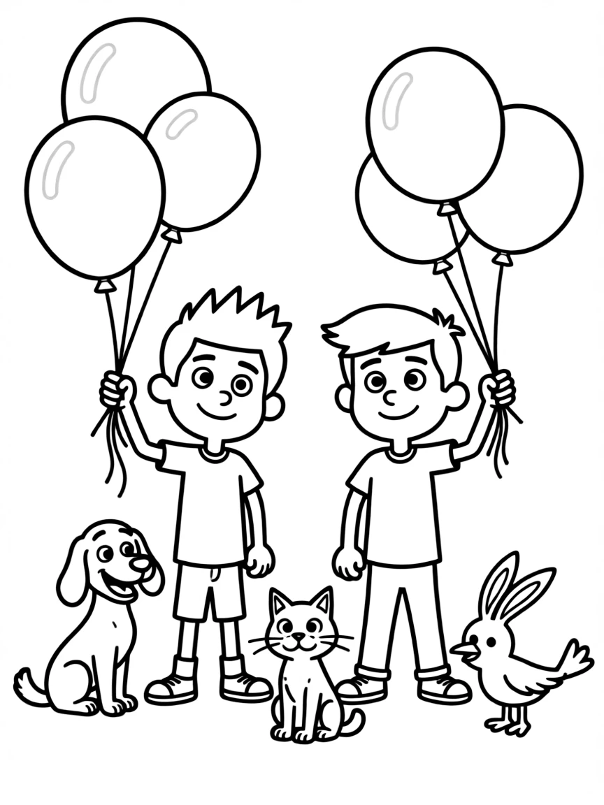 Phineas and Ferb playing with balloons, surrounded by friendly animals.