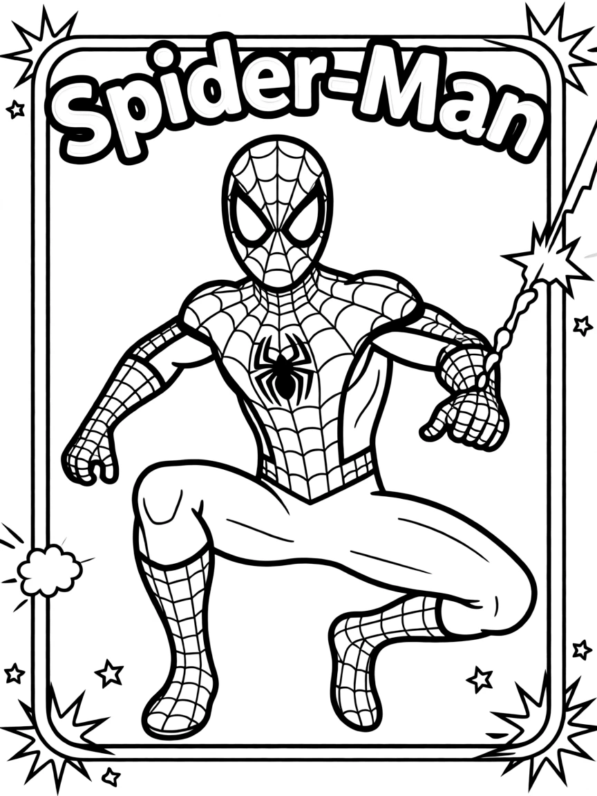 Spider-Man wearing a superhero costume, inside a comic book frame.
