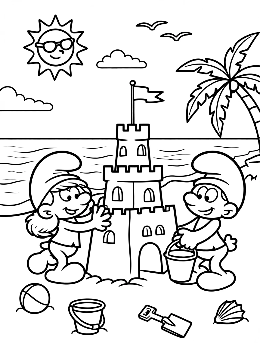 The Smurfs building a sandcastle, with fun background elements.