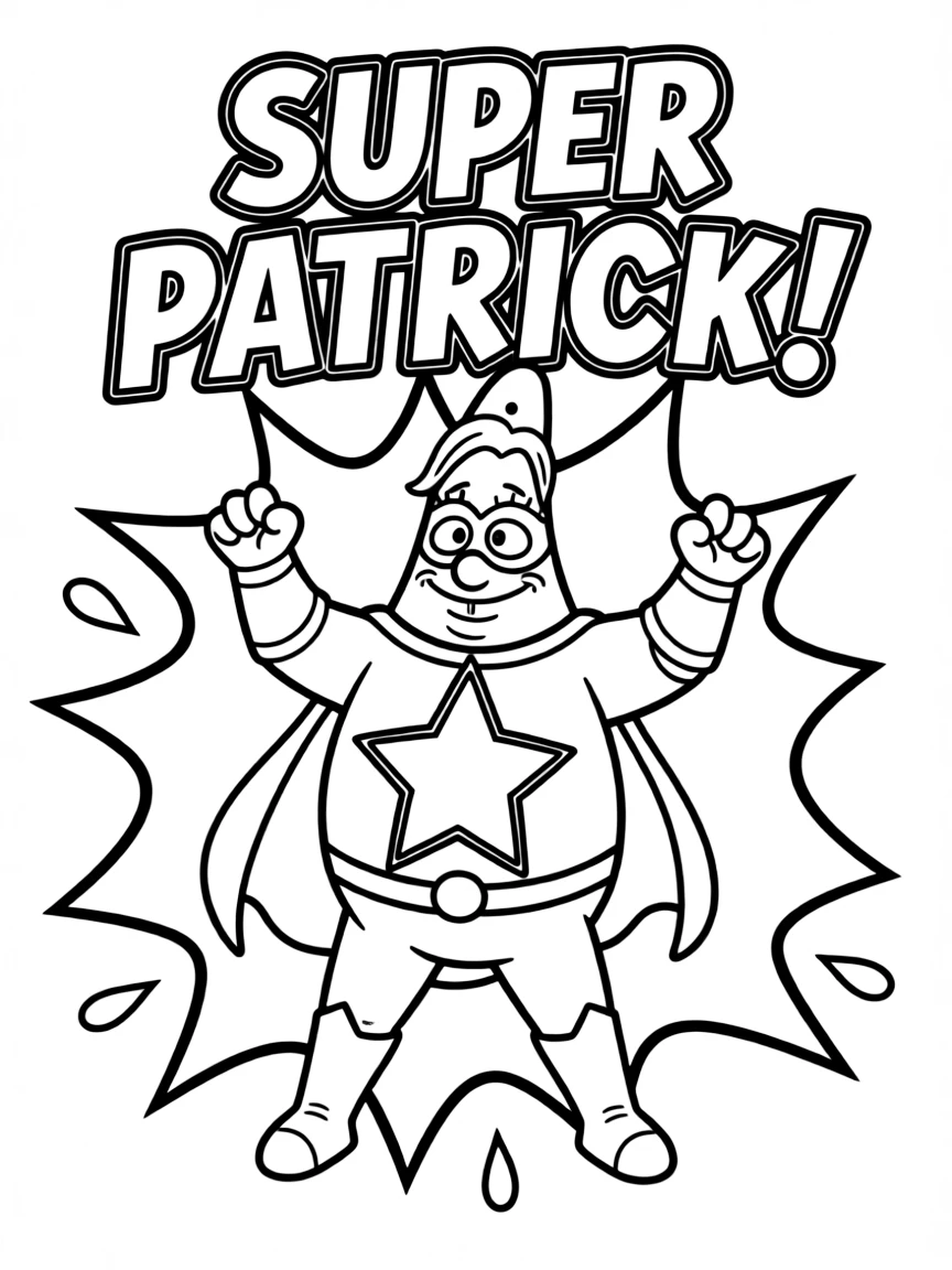 Patrick Star wearing a superhero costume, inside a comic book frame.