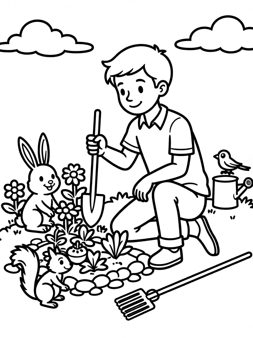 Regular Show gardening, surrounded by friendly animals.