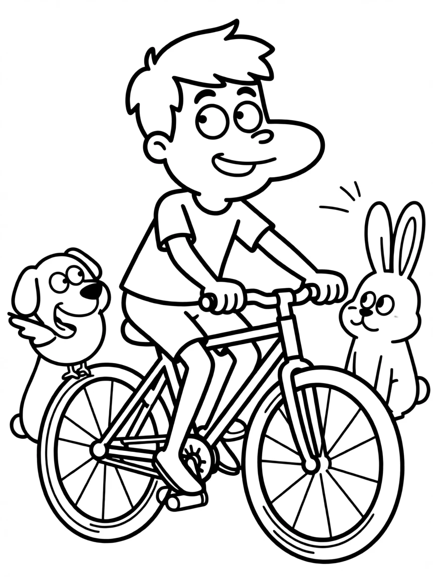 Regular Show riding a bicycle, surrounded by friendly animals.