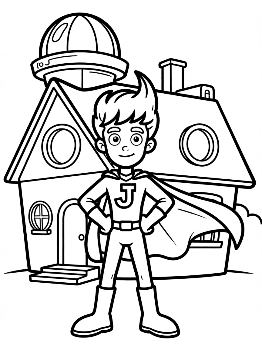 Jimmy Neutron wearing a superhero costume, in front of their famous house or scene.