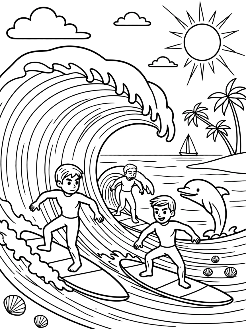 X-Men surfing on waves, with fun background elements.