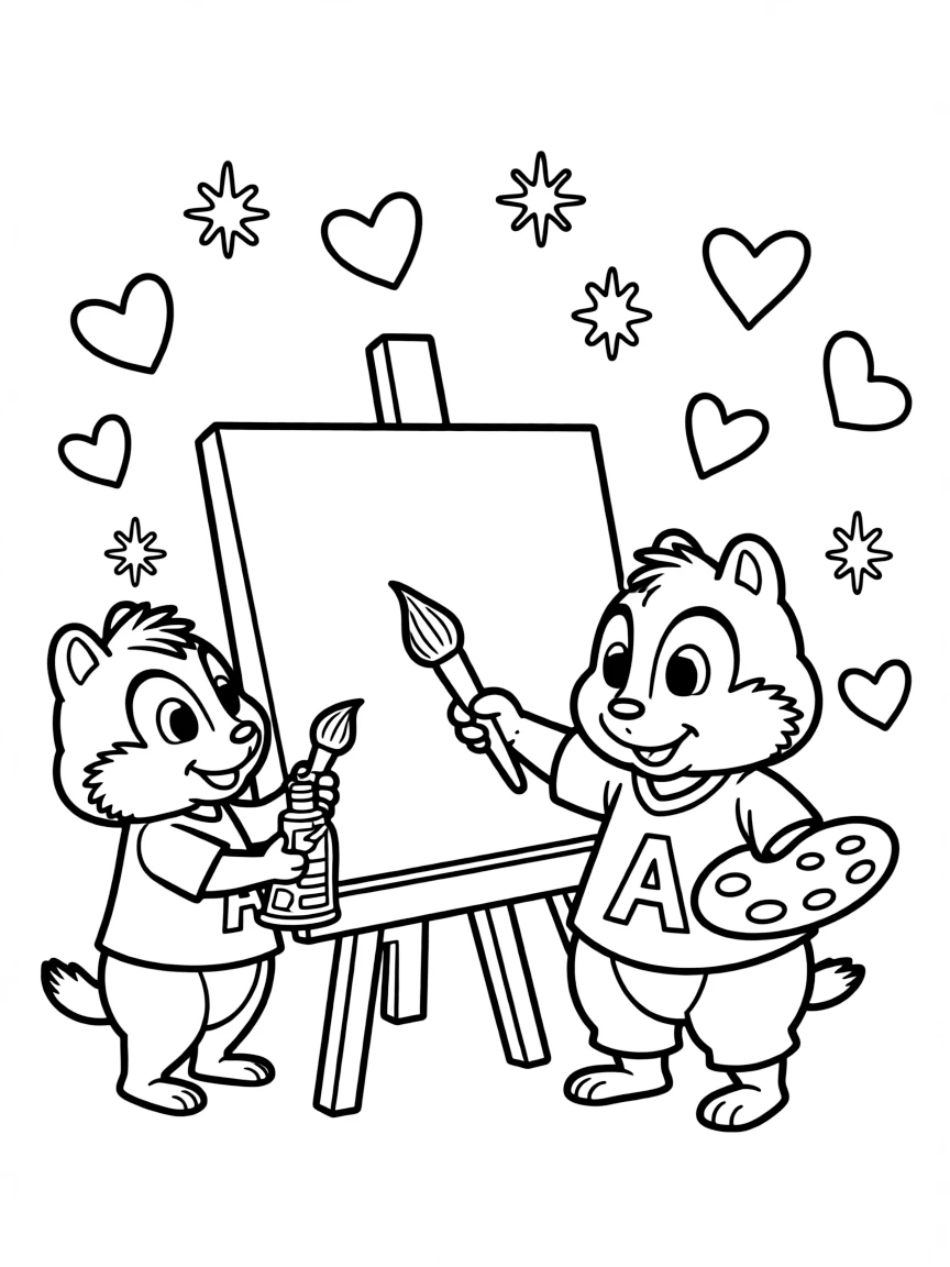 Alvin and the Chipmunks painting a picture, with hearts and sparkles around.