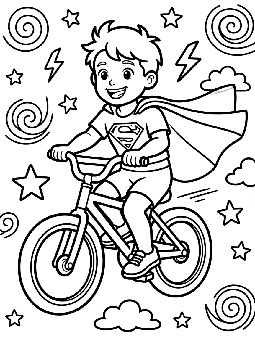 Superman riding a bicycle, with playful patterns around.