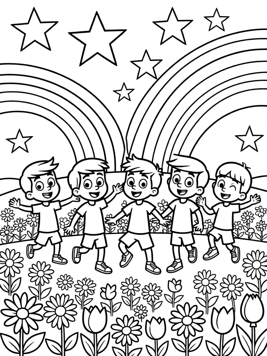 Fairly OddParents dancing in a field of flowers, with stars and rainbows in the background.