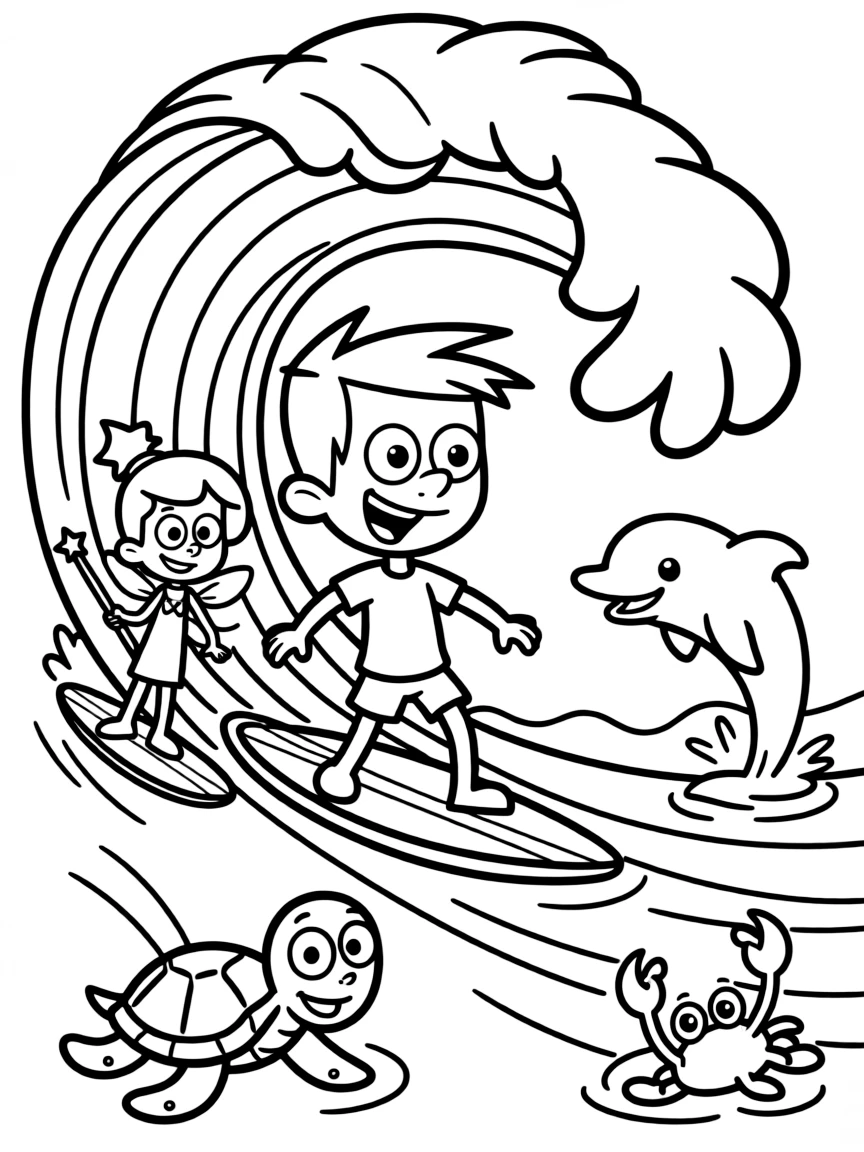 Fairly OddParents surfing on waves, surrounded by friendly animals.