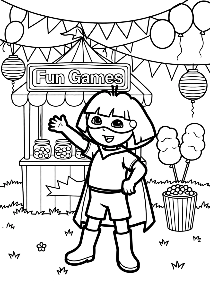 Dora the Explorer wearing a superhero costume, at a carnival with colorful decorations.