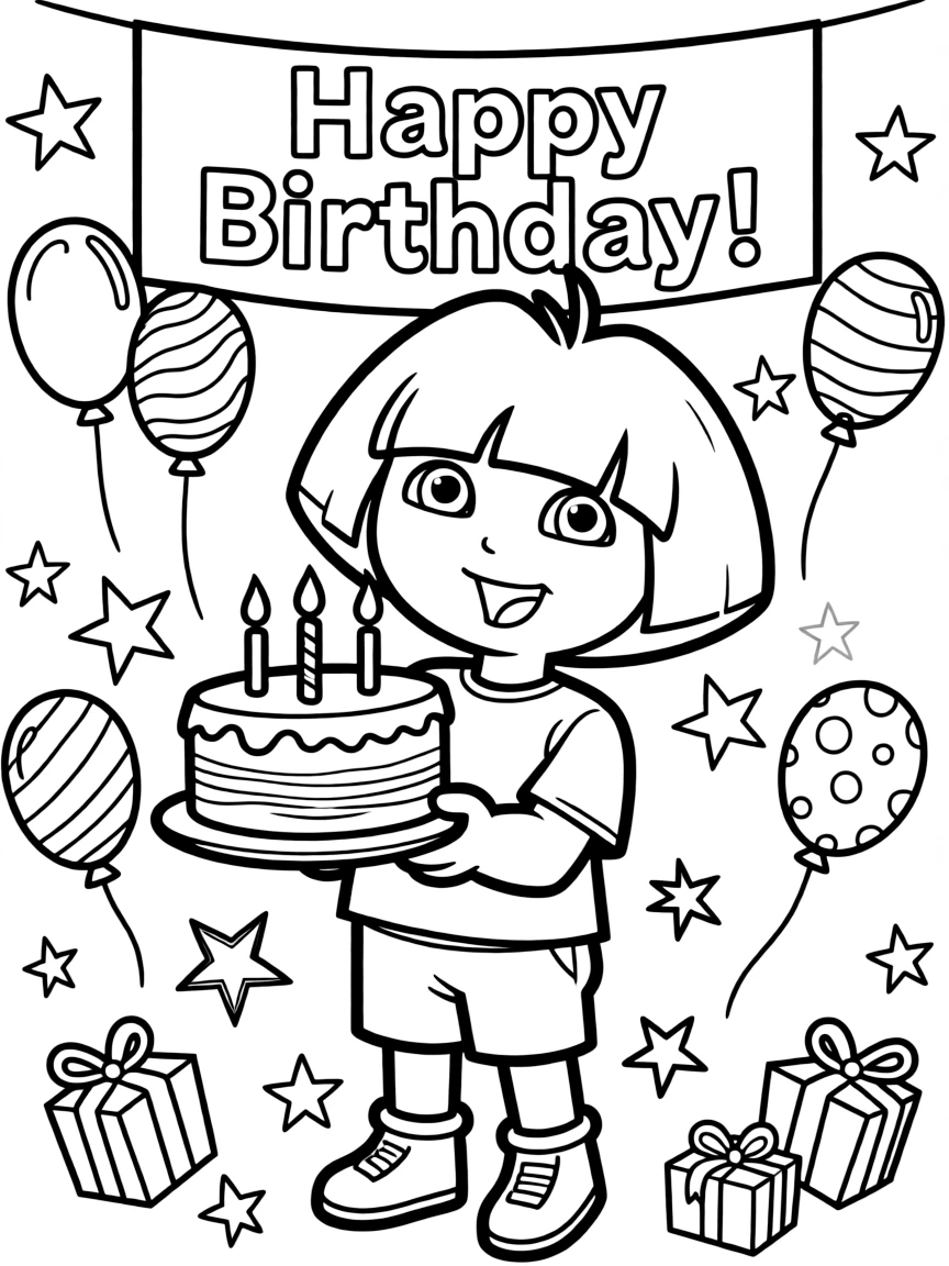Dora the Explorer celebrating a birthday, with playful patterns around.