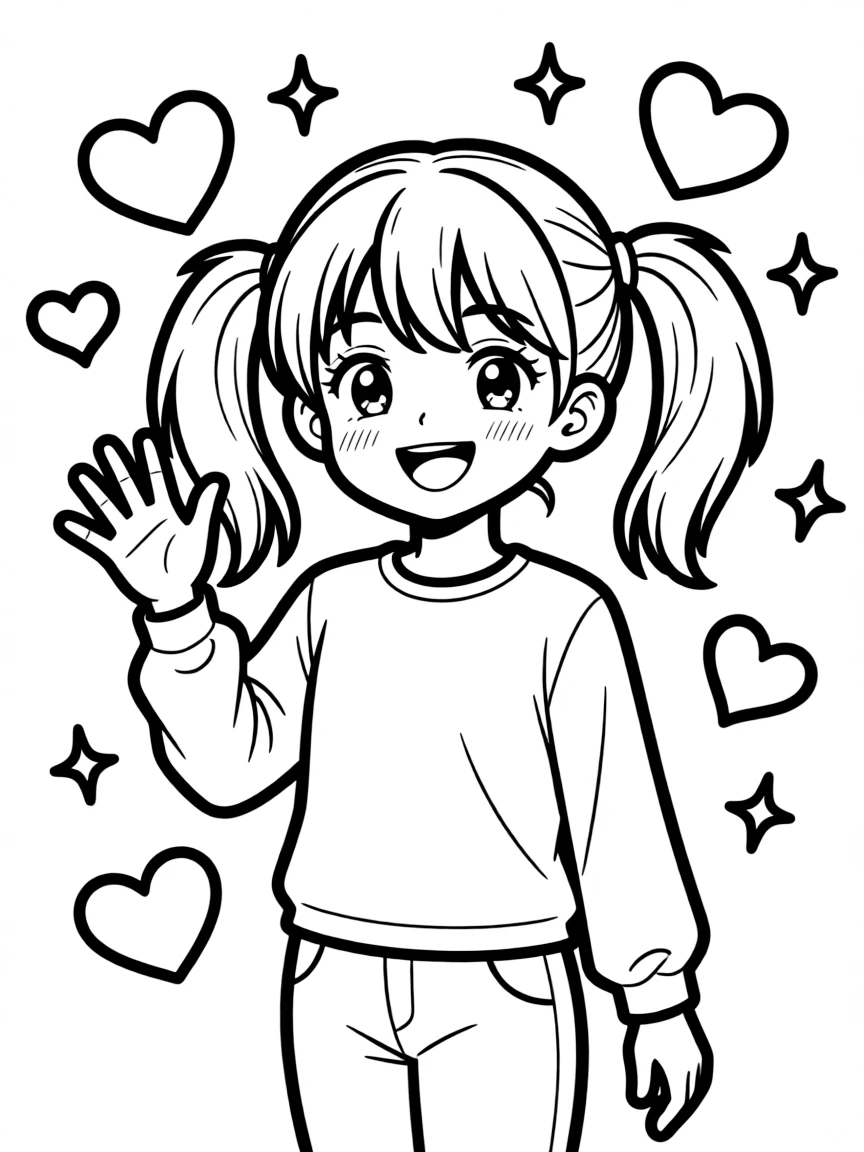 Sakura waving hello, with hearts and sparkles around.