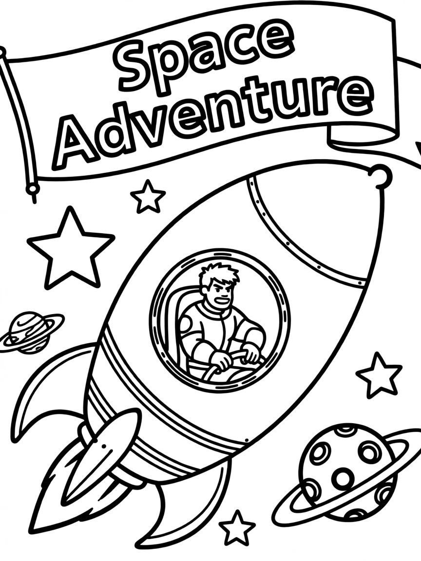 Hulk exploring space in a rocket, with big bold outlines for easy coloring.