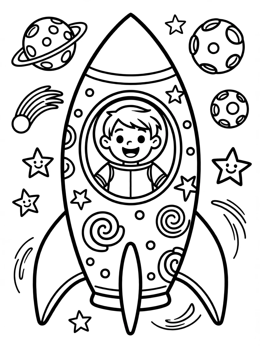 Diego exploring space in a rocket, with playful patterns around.