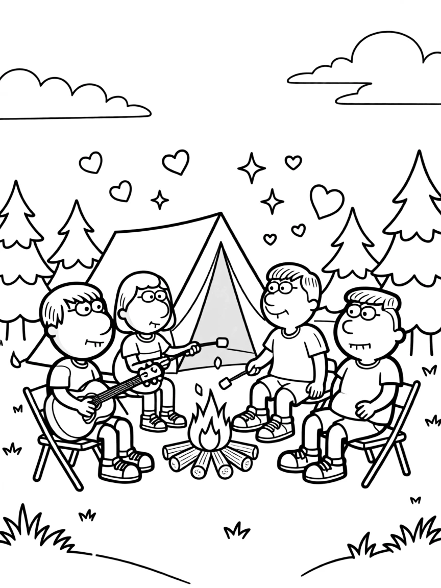 Family Guy camping with friends, with hearts and sparkles around.