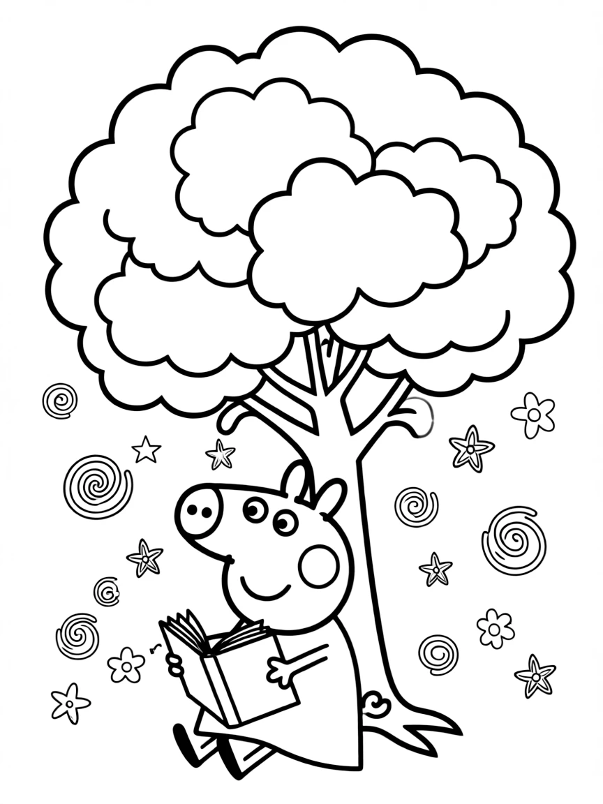 Peppa Pig reading a book under a tree, with playful patterns around.