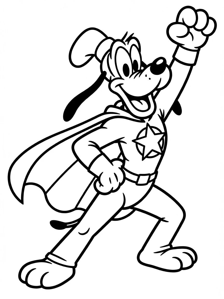 Pluto wearing a superhero costume, with big bold outlines for easy coloring.