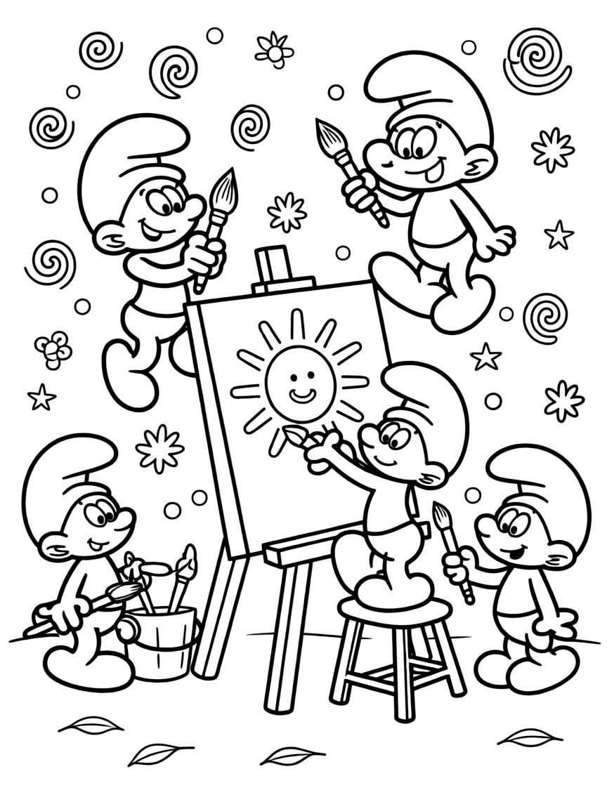 The Smurfs painting a picture, with playful patterns around.