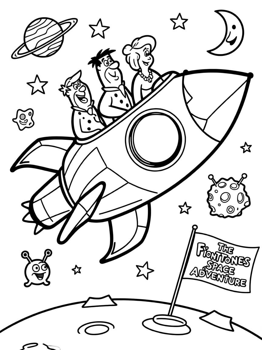 The Flintstones exploring space in a rocket, with fun background elements.