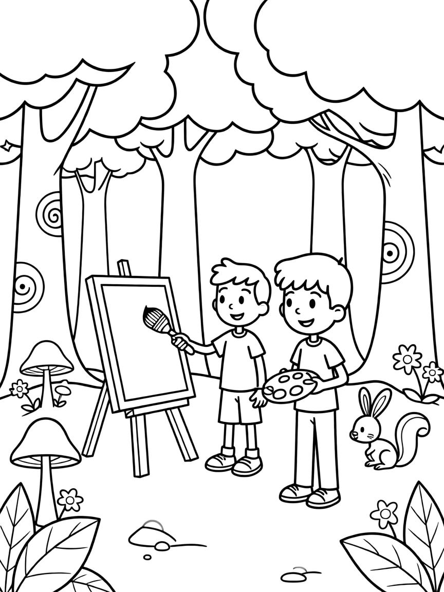 Phineas and Ferb painting a picture, in a magical forest setting.