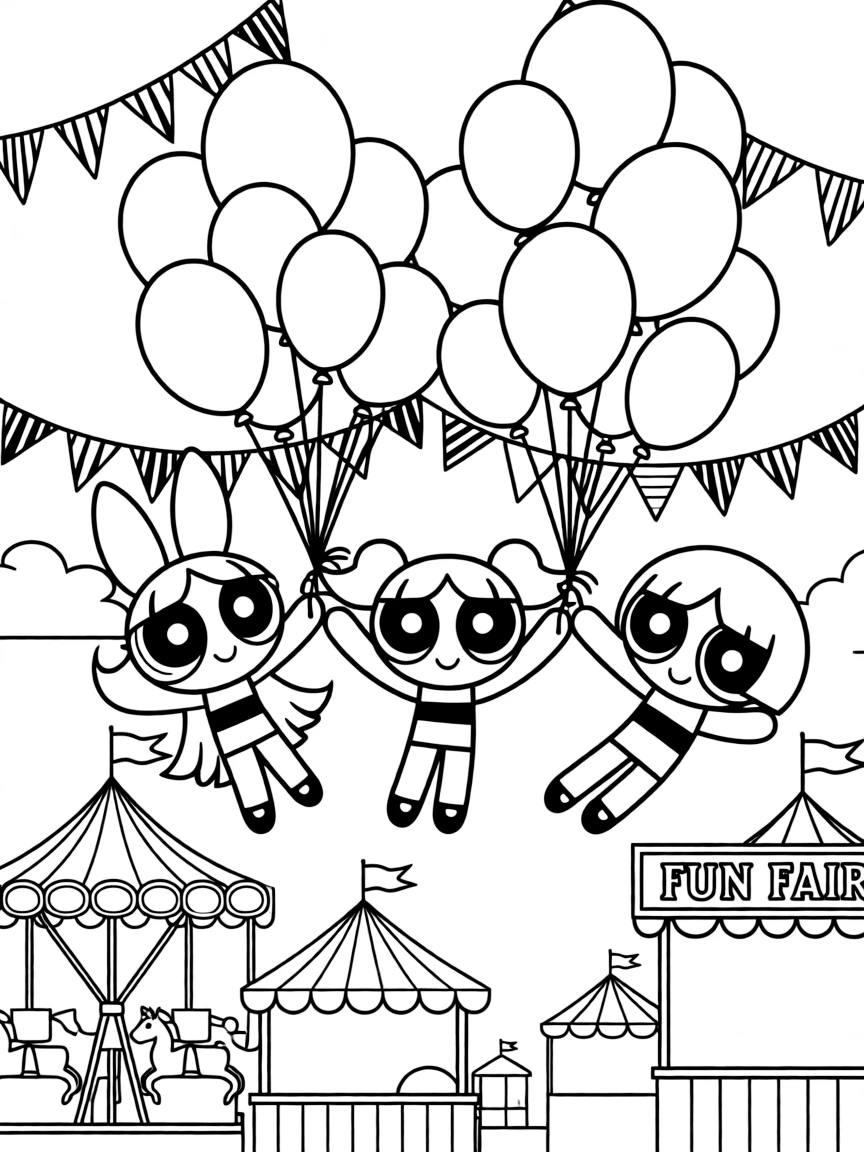 Powerpuff Girls flying with balloons, at a carnival with colorful decorations.