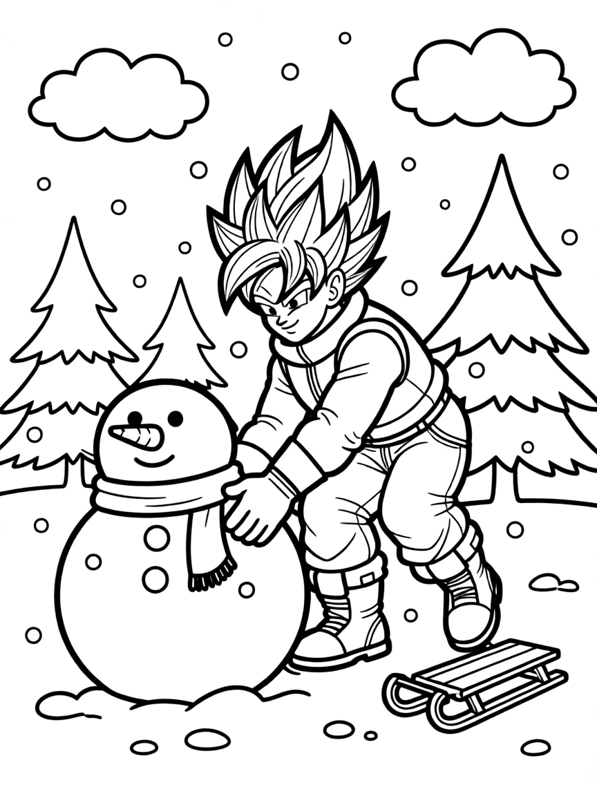 Vegeta playing in the snow, with big bold outlines for easy coloring.