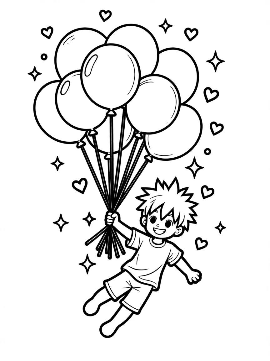 Goku flying with balloons, with hearts and sparkles around.
