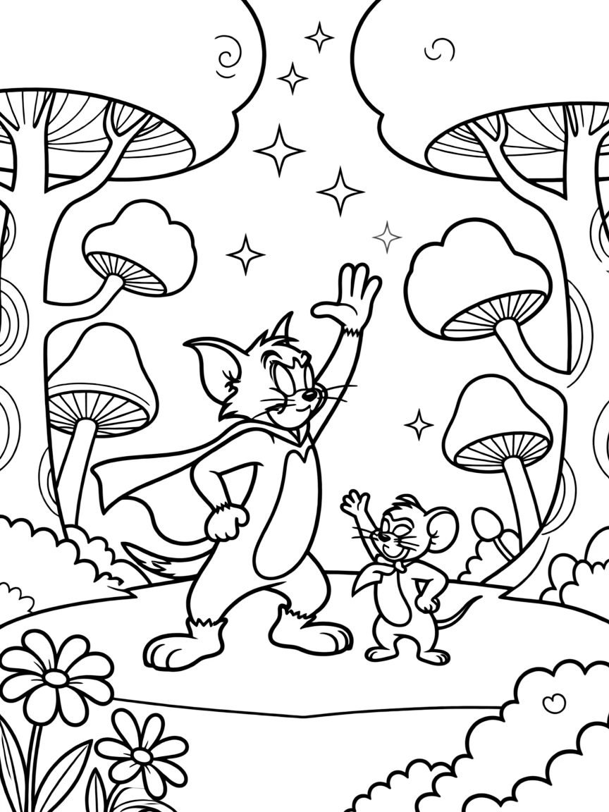 Tom and Jerry posing heroically, in a magical forest setting.