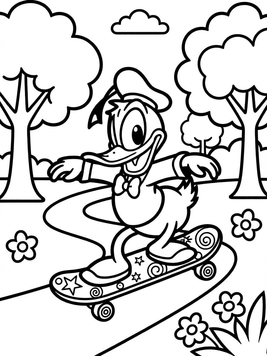 Donald Duck skateboarding in the park, with playful patterns around.