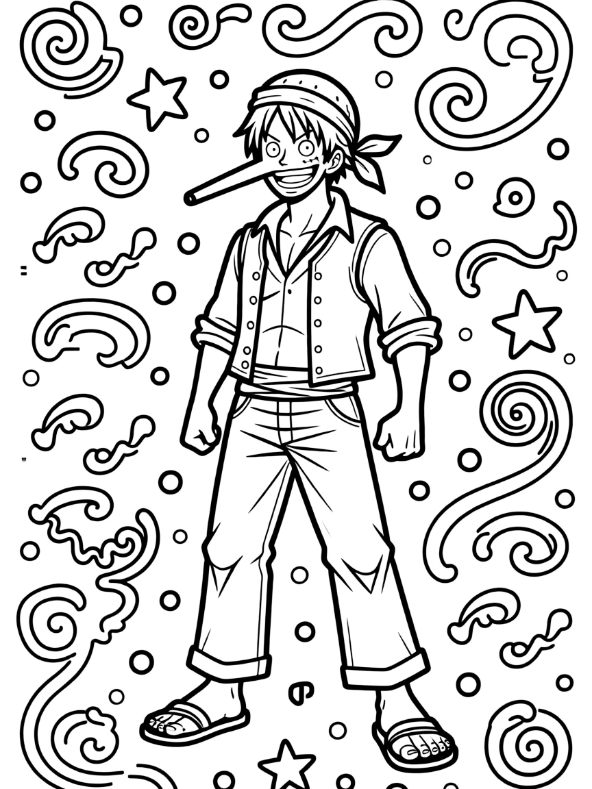 Usopp posing heroically, with playful patterns around.