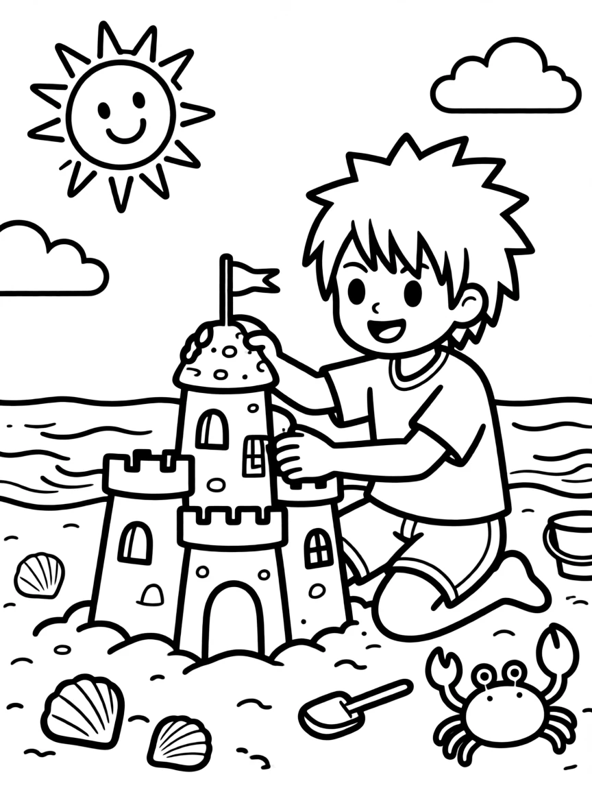 Sasuke building a sandcastle, with fun background elements.