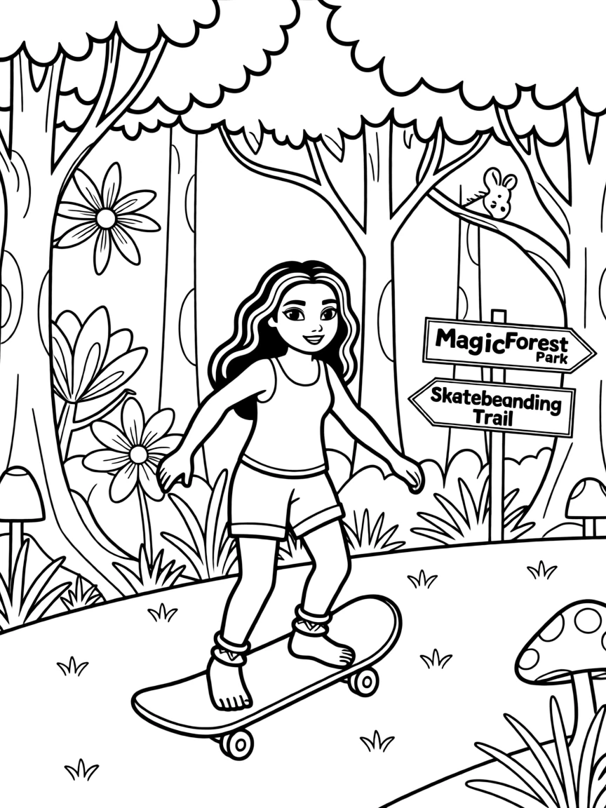 Moana skateboarding in the park, in a magical forest setting.