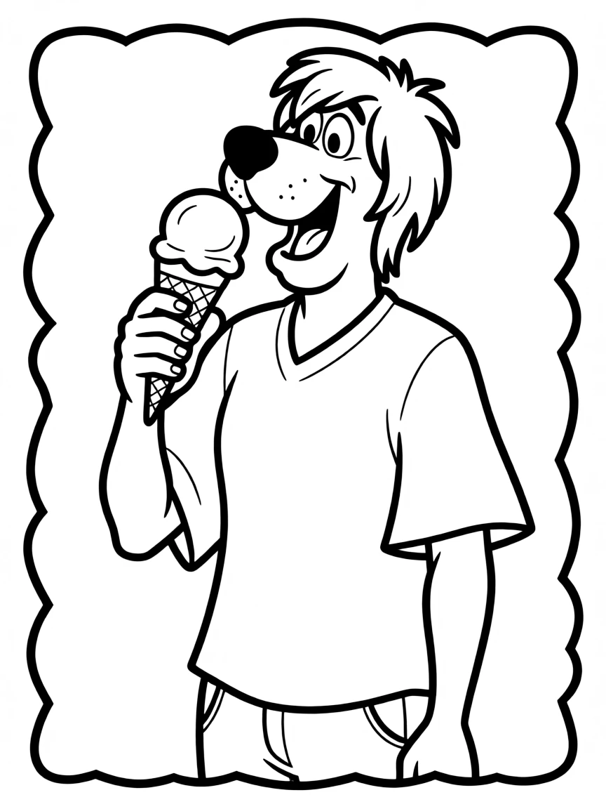 Shaggy Rogers enjoying an ice cream cone, inside a comic book frame.