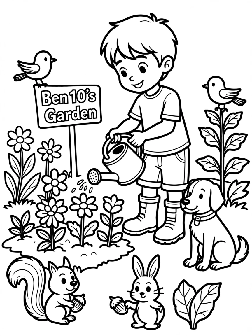 Ben 10 gardening, surrounded by friendly animals.