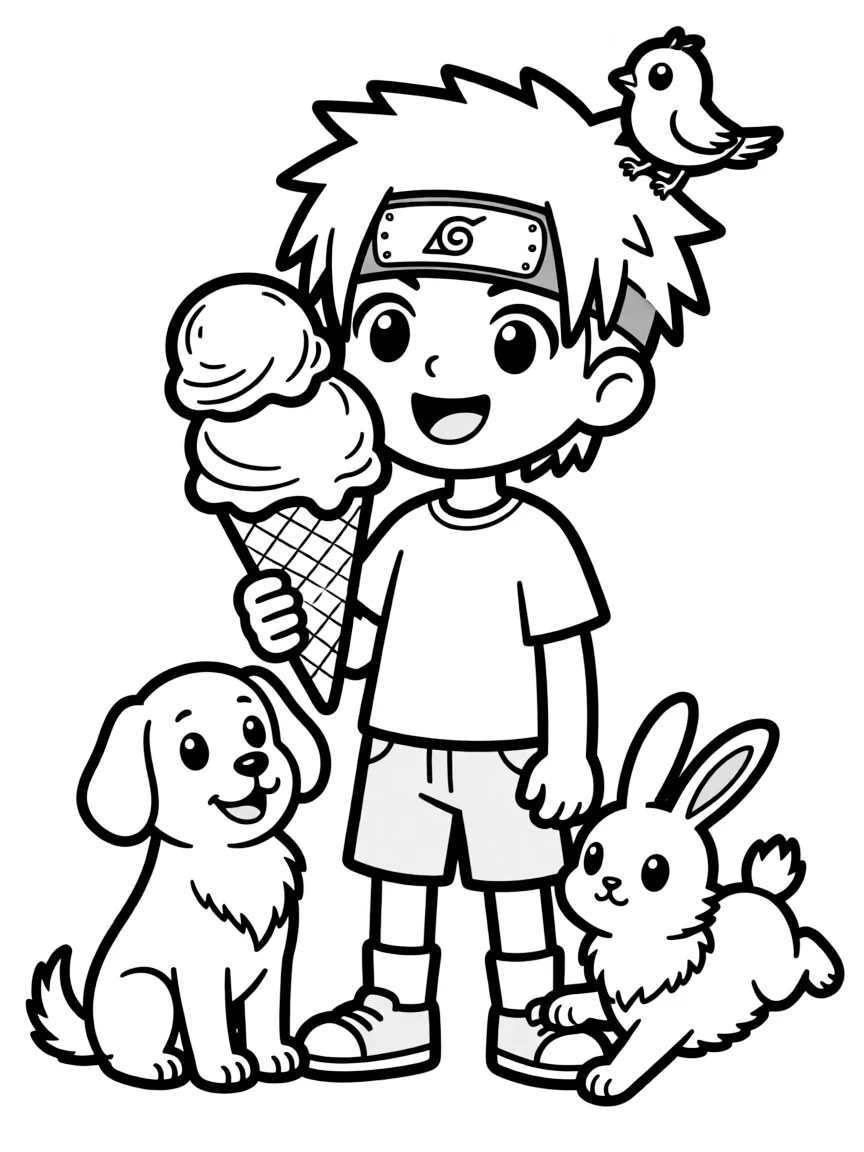 Sasuke enjoying an ice cream cone, surrounded by friendly animals.