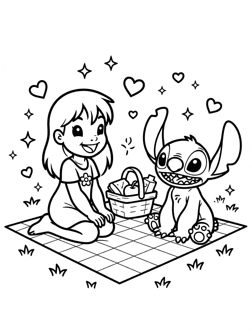Lilo and Stitch having a picnic, with hearts and sparkles around.