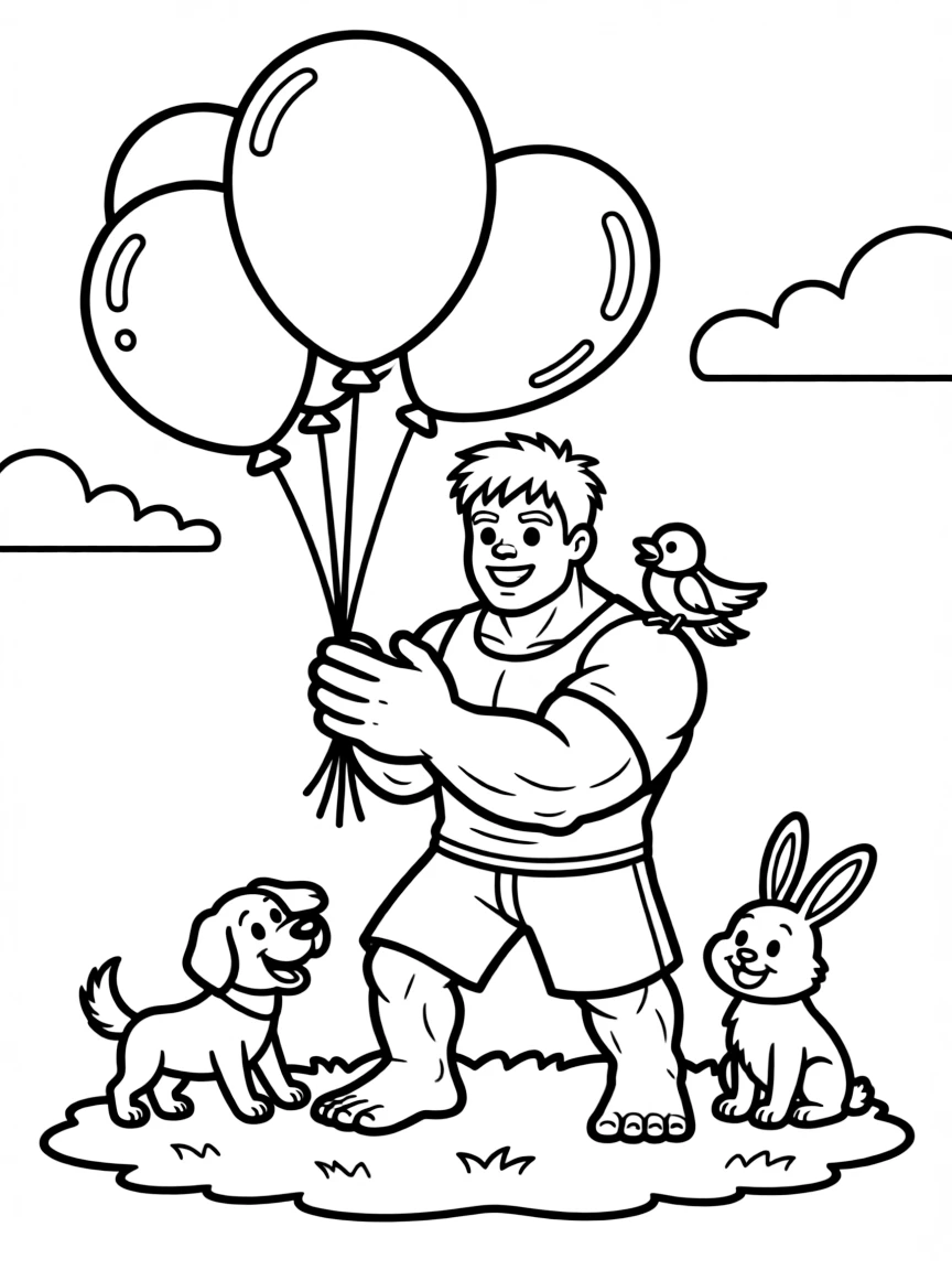 Hulk playing with balloons, surrounded by friendly animals.