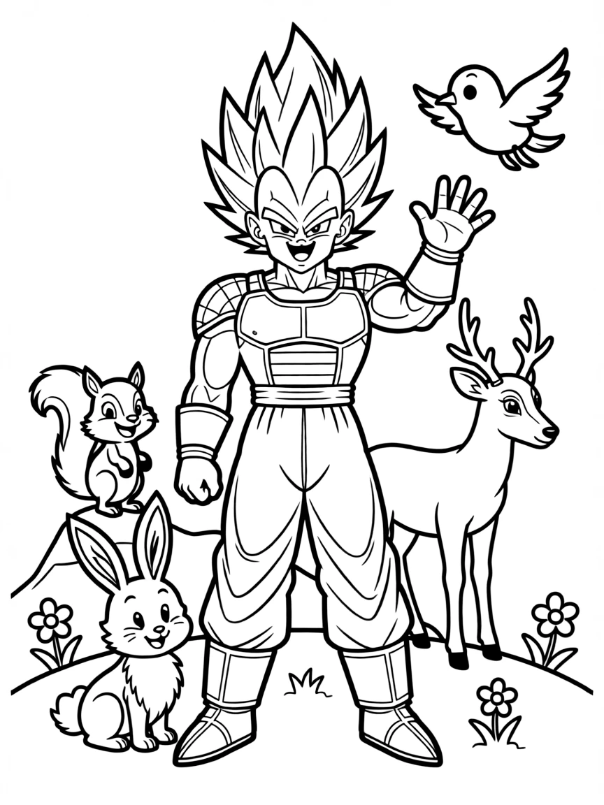 Vegeta waving hello, surrounded by friendly animals.
