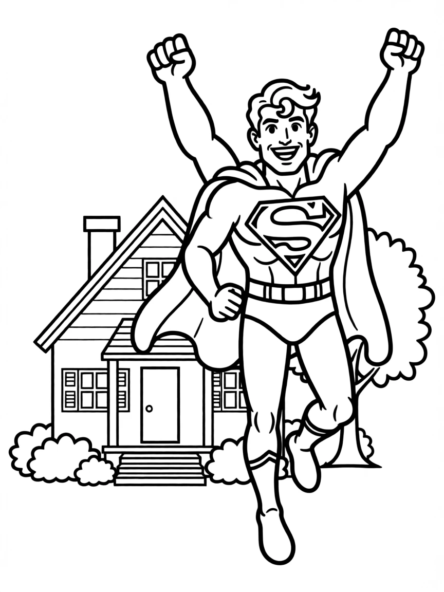 Superman jumping with joy, in front of their famous house or scene.