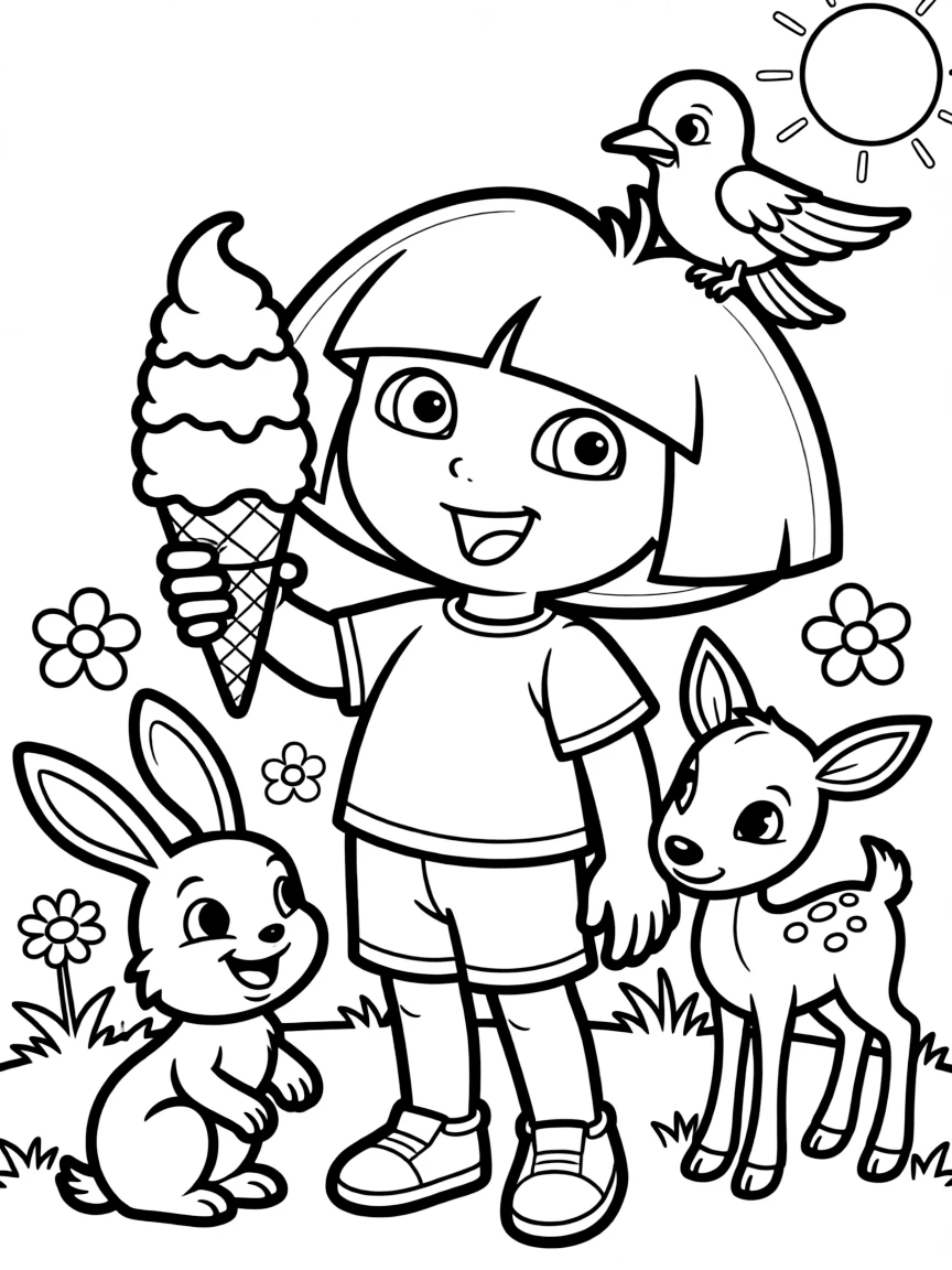 Dora the Explorer enjoying an ice cream cone, surrounded by friendly animals.