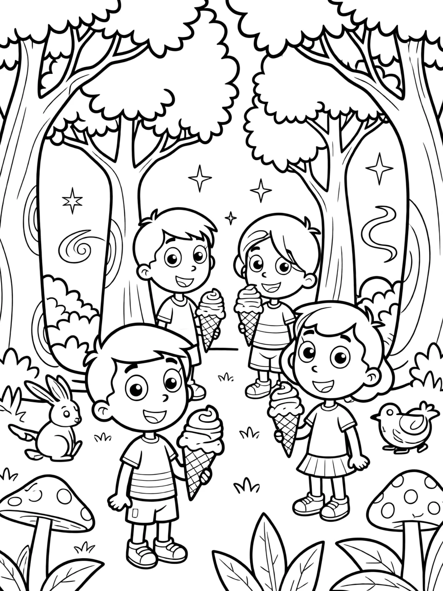 Rugrats enjoying an ice cream cone, in a magical forest setting.