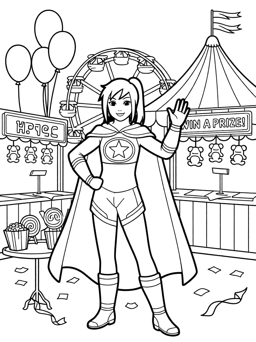 Legend of Korra wearing a superhero costume, at a carnival with colorful decorations.