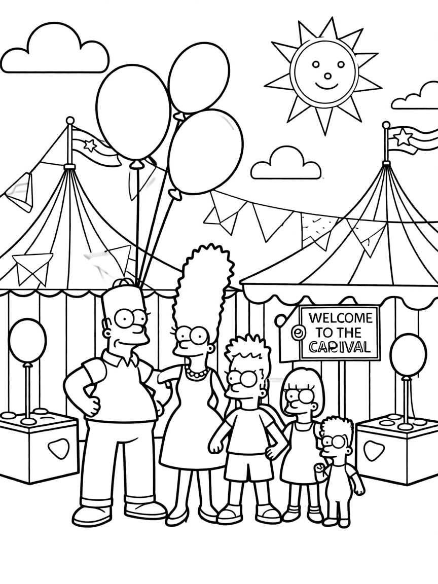 Simpsons posing heroically, at a carnival with colorful decorations.