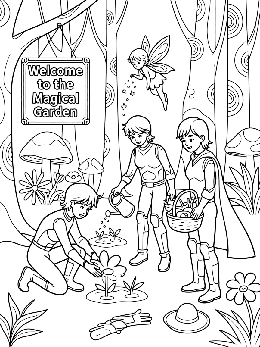 Avengers gardening, in a magical forest setting.