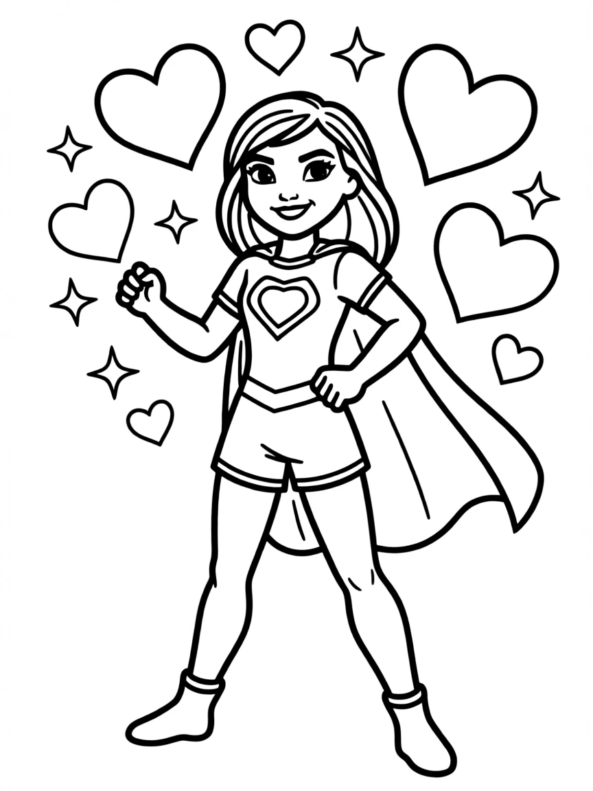 Moana wearing a superhero costume, with hearts and sparkles around.