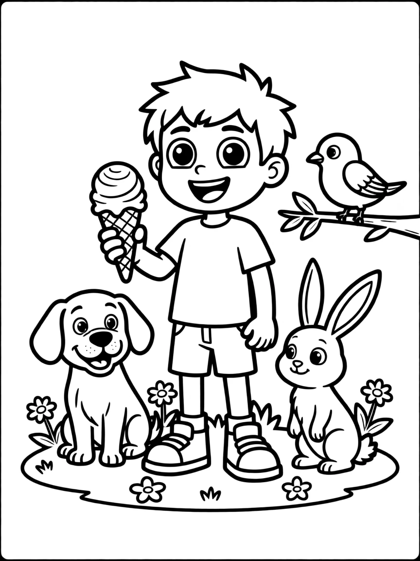 Ben 10 enjoying an ice cream cone, surrounded by friendly animals.